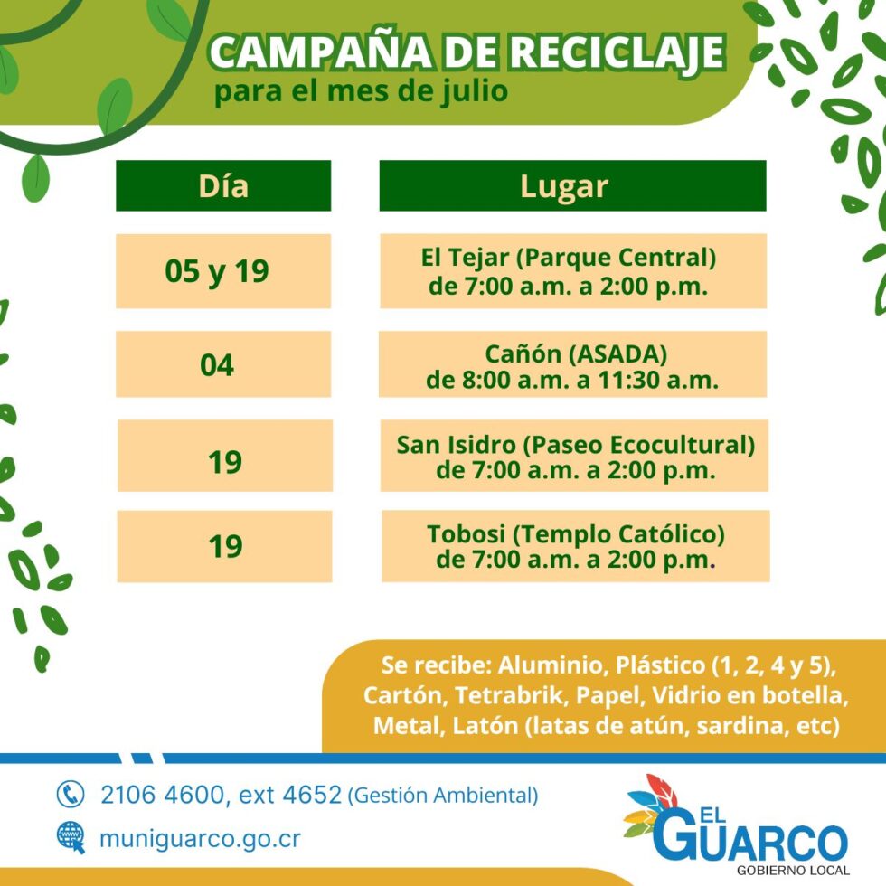 Calendario de reciclaje para el mes de julio del 2024.