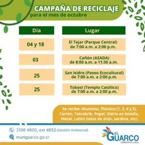 Calendario de las campañas de reciclaje para el mes de octubre.